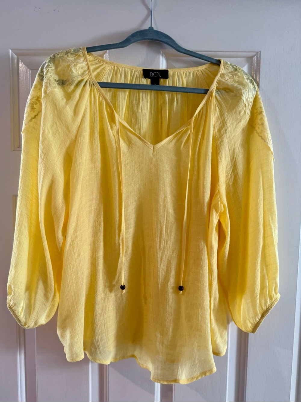 BCX Light Yellow V-Neck Peasant Top with Embroidered Shoulders